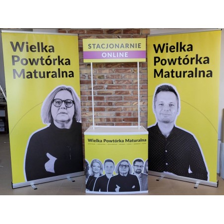 Zestaw targowy Mini z ladą i 2 roll-upami 100×200 cm z nadrukiem – kompaktowa prezentacja firmy