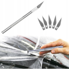 Nożyk precyzyjny z antypoślizgowym uchwytem 14 cm + 5 ostrzy – do cięcia folii i papieru