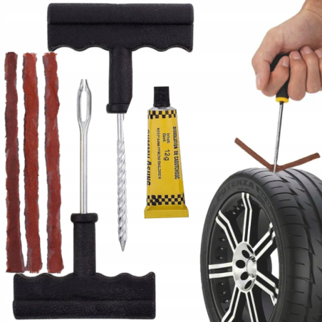 Zestaw naprawczy do opon – sznur, klej, łatka, narzędzia