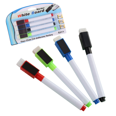 Markery suchościeralne z gąbką zestaw 4 szt. magnes – do białych tablic