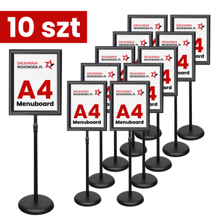 Zestaw 10 szt czarnych stojaków informacyjnych Menuboard A4 77–133 cm regulowany OWZ – do menu i ekspozycji