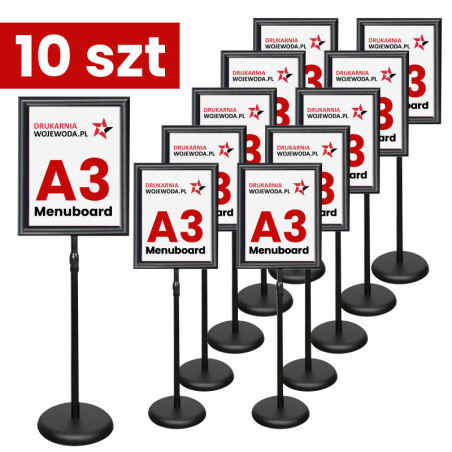Zestaw 10 szt czarnych stojaków informacyjnych Menuboard A3 77–133 cm regulowany OWZ – do menu i ekspozycji