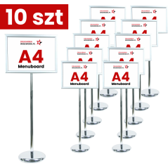 Zestaw 10 szt srebrnych stojaków informacyjnych Menuboard A4 77–133 cm regulowany OWZ – do menu i ekspozycji