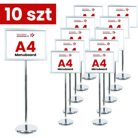 Zestaw 10 szt srebrnych stojaków informacyjnych Menuboard A4 77–133 cm regulowany OWZ – do menu i ekspozycji