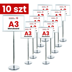 Zestaw 10 szt srebrnych stojaków informacyjnych Menuboard A3 77–133 cm regulowany OWZ – do menu i ekspozycji