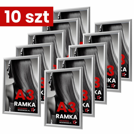 Zestaw 10 sztuk Ramek OWZ A3 aluminiowych 29,7x42 cm z folią antyrefleksyjną – szybka wymiana plakatów