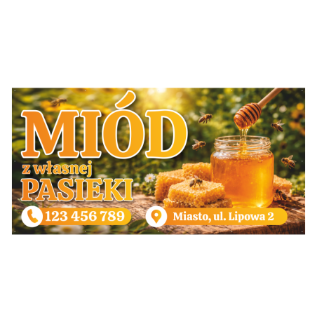 Gotowy baner reklamowy 2x1m wzór do edycji MIÓD z własnej pasieki– szybka promocja