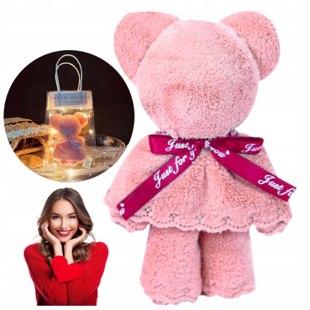 Ręcznik miś 30x30 cm miękki różowy w opakowaniu z LED – oryginalny pomysł na prezent walentynkowy dla kobiety