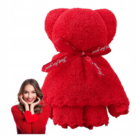 Ręcznik miś 30x30 cm miękki czerwony w opakowaniu z LED – oryginalny pomysł na prezent walentynkowy dla kobiety