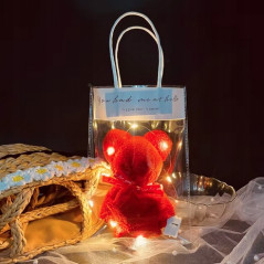 Ręcznik miś 30x30 cm miękki czerwony w opakowaniu z LED – oryginalny pomysł na prezent walentynkowy dla kobiety