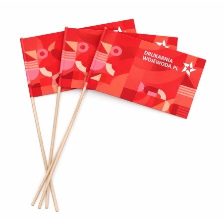 Papierowe chorągiewki reklamowe A5 148×210 mm na drewnianym patyczku – do promocji eventowej