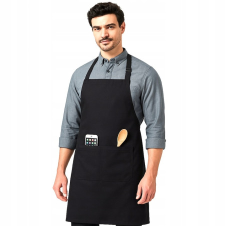 Wiązany fartuch kuchenny czarny elegancki z kieszeniami 70 cm unisex – uniwersalny i ochronny
