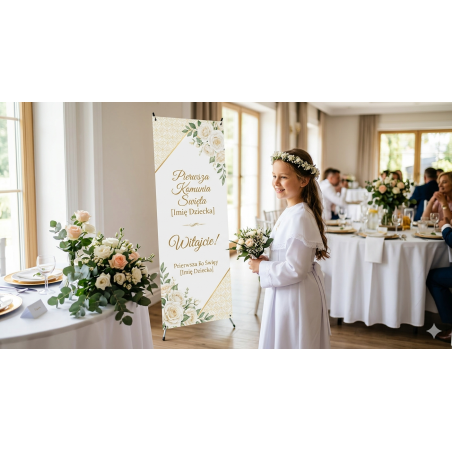 X-Banner Pierwsza Komunia Święta 80×180 cm Gold pattern Compact – elegancka dekoracja uroczystości