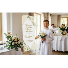 X-Banner Pierwsza Komunia Święta 60×160 cm Gold pattern Compact – elegancka dekoracja uroczystości