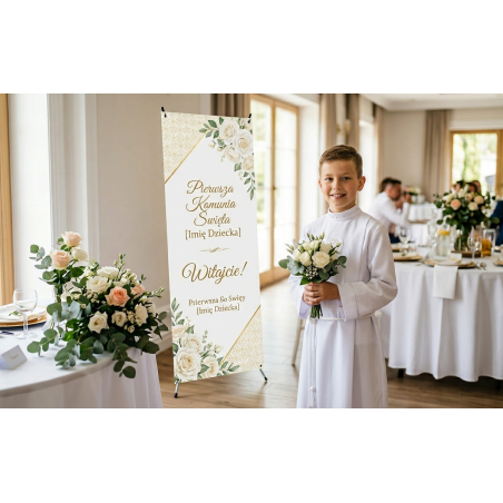 X-Banner Pierwsza Komunia Święta 60×160 cm Gold pattern Compact – elegancka dekoracja uroczystości
