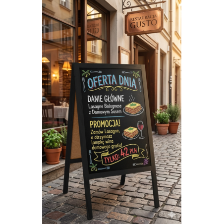 Drewniany potykacz kredowy Classic L 61x118 cm 5,5 kg czarny – menu i promocje lokalu