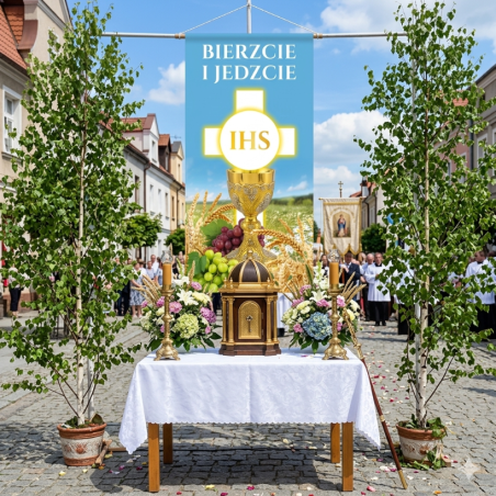 Ołtarz Baner na Boże Ciało 100x200 cm – trwały, z możliwością edycji tekstu wzór 12 Kielich