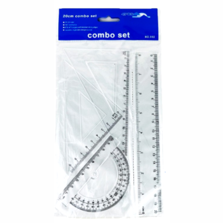 Zestaw geometryczny 4 elementy – linijka 20 cm, 2 ekierki, kątomierz