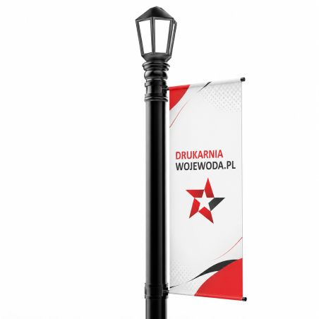 Maszt uliczny do flag 60 cm z banerem Frontlit 510 g 63 × 350 cm – montaż na latarniach
