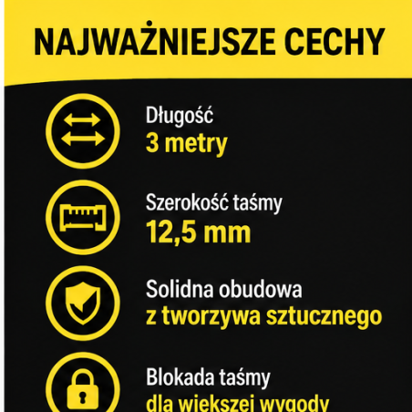 Miara Zwijana 3m 12,5mm Taśma Miernicza Automatyczna Żółta z Blokadą