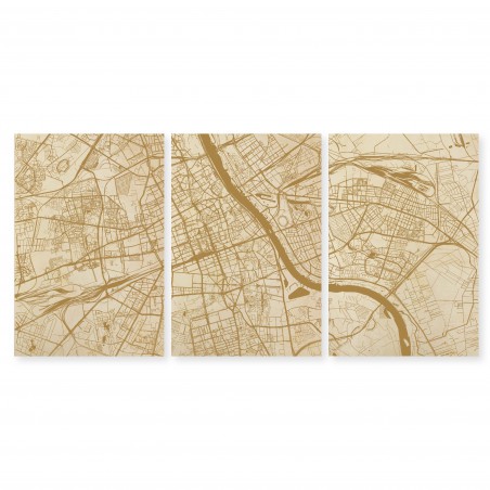 Drewniane obrazy mapa Warszawy 3 sztuki
