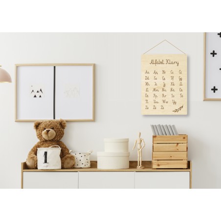 Drewniana tabliczka z zestawem liter alfabetu 20x26,5 cm 3 mm sklejka – edukacja i zabawa