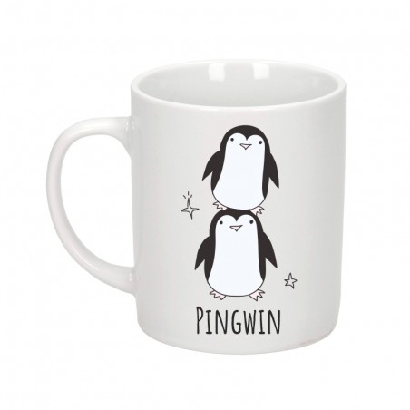 Kubek biały 300 ml 9,5x8 cm z nadrukiem Pingwiny z imieniem – personalizowany prezent dla dziecka