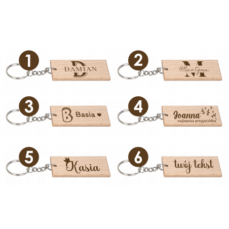 Drewniany brelok z imieniem 58×29 mm 4,3 mm bukowy z kółkiem – personalizowany prezent