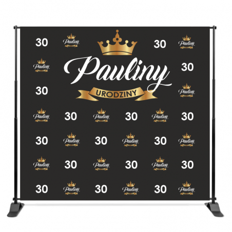 Teleskopowa ścianka banerowa 220x240 cm z imieniem korona czarne – tło na 18 urodziny