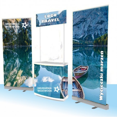 Zestaw targowy Mini z ladą i 2 roll-upami 100×200 cm z nadrukiem – kompaktowa prezentacja firmy