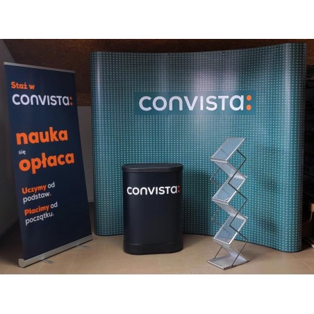 Zestaw targowy Space z ladą, roll-upem, stojakiem Z-shape i ścianką POP-UP z nadrukiem 9m2 – efektowna promocja marki